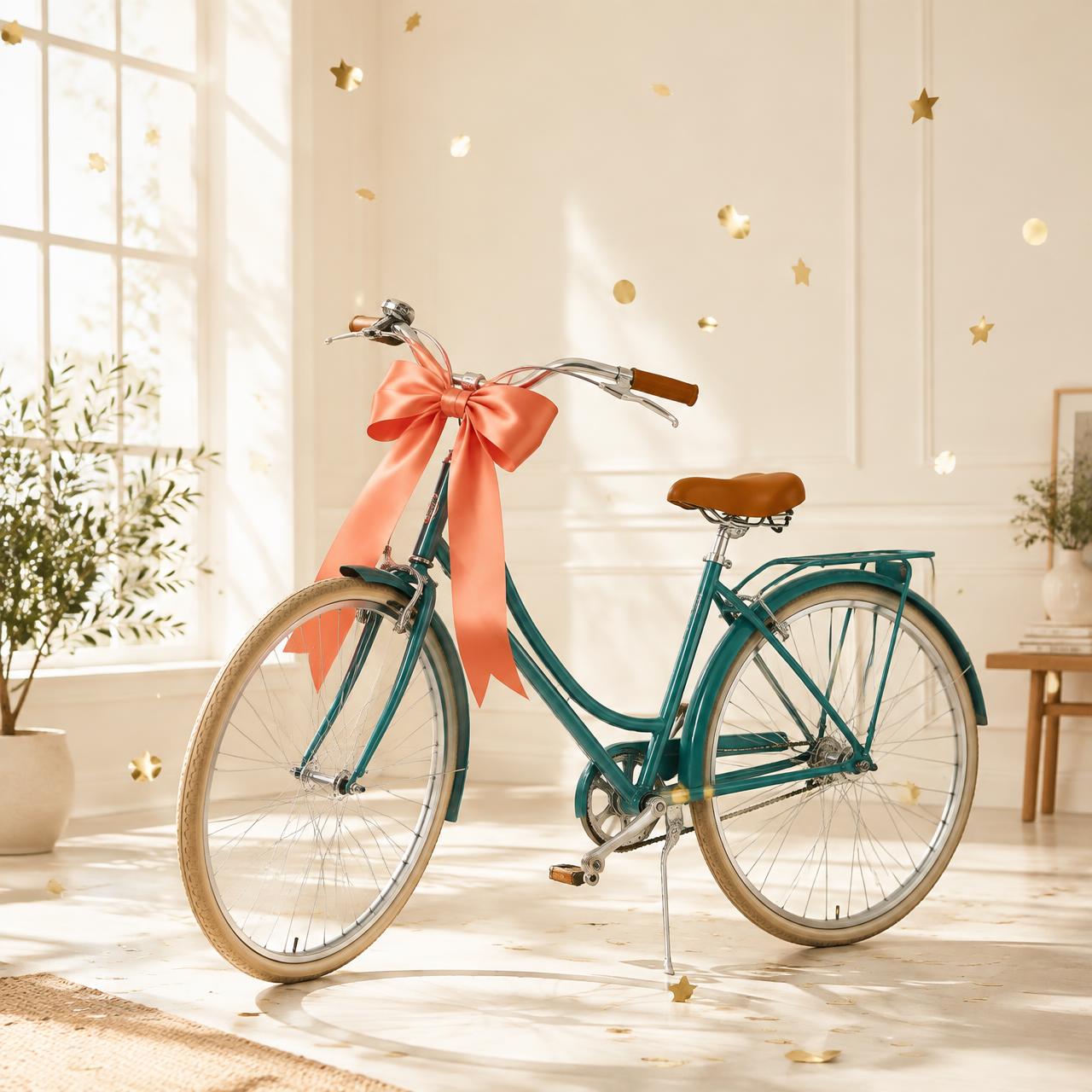 A teal bicycle wrapped with a coral bow, surrounded by gold confetti